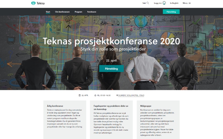 Screenshot fra websidene - forsiden av "Prosjektkonferansen".