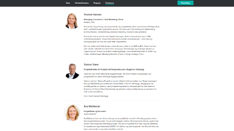 Screen shot fra Teknas websider - viser noen av foreleserne. Prosjektkonferanse.